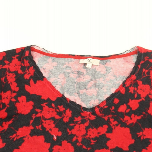 CC Womens Black Floral Cotton Basic T-Shirt Size L V-Neck