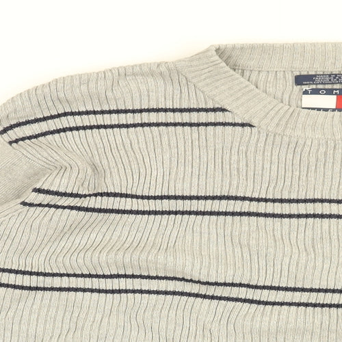 Tommy Hilfiger Mens Grey Round Neck Striped Cotton Pullover Jumper Size L Long Sleeve