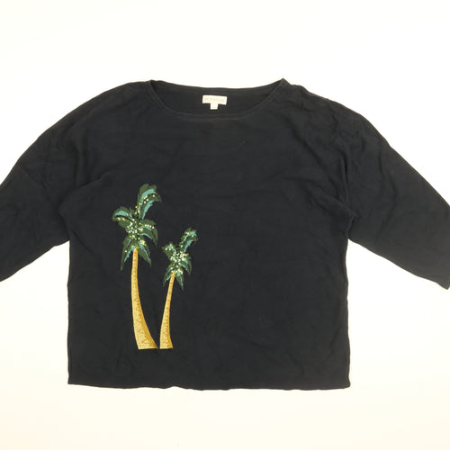 Monsoon Womens Blue Geometric Cotton Basic T-Shirt Size L Round Neck - Palm Tree Print