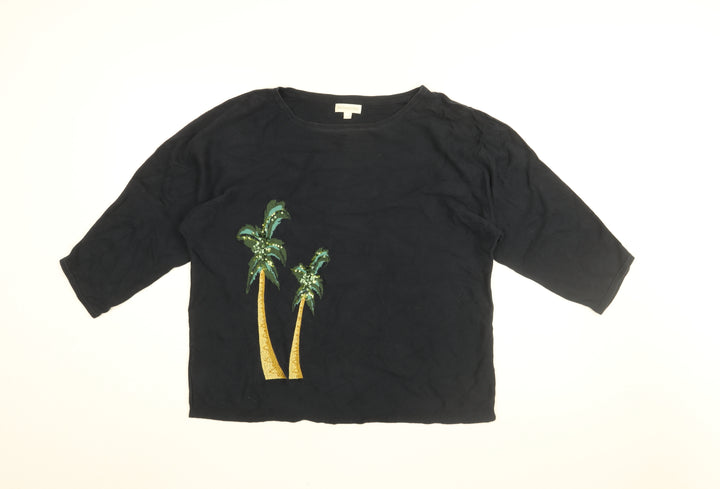 Monsoon Womens Blue Geometric Cotton Basic T-Shirt Size L Round Neck - Palm Tree Print