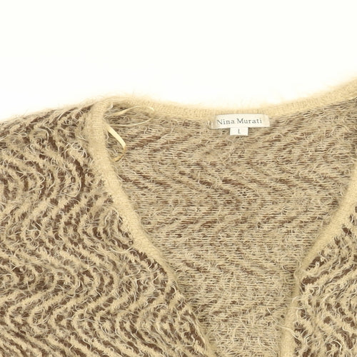 Nina Murati Womens Brown V-Neck Geometric Nylon Cardigan Jumper Size L