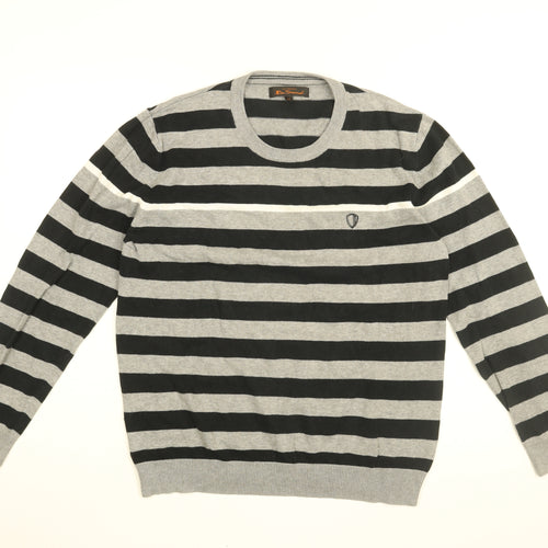 Ben Sherman Mens Grey Round Neck Striped Cotton Pullover Jumper Size M Long Sleeve