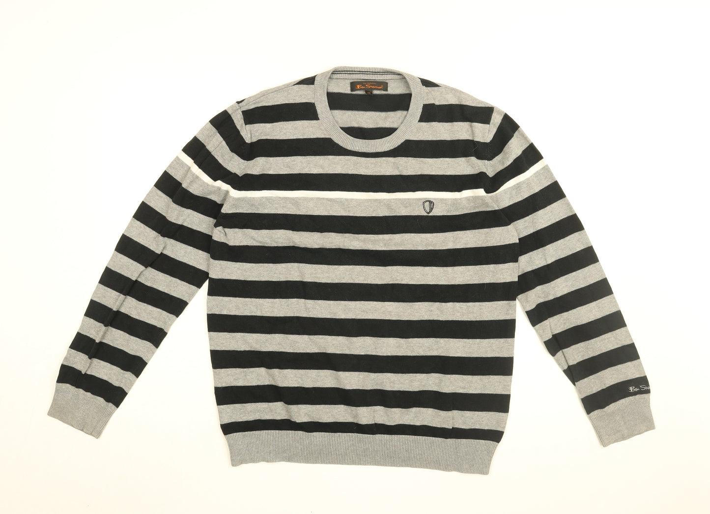 Ben Sherman Mens Grey Round Neck Striped Cotton Pullover Jumper Size M Long Sleeve