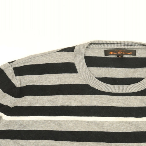 Ben Sherman Mens Grey Round Neck Striped Cotton Pullover Jumper Size M Long Sleeve