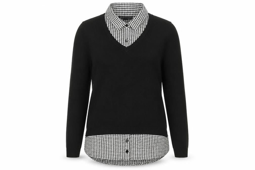 Front view of Adrianna Papell women’s black geometric viscose basic blouse, size S, collared - houndstooth