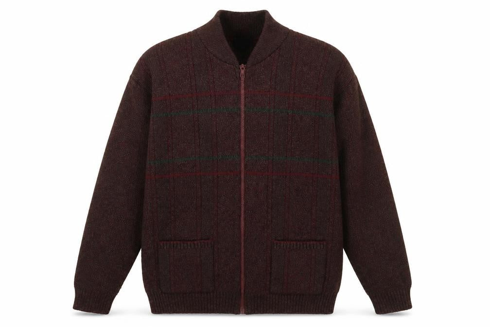 Front view of Four Seasons men’s red acrylic full zip sweatshirt, size L