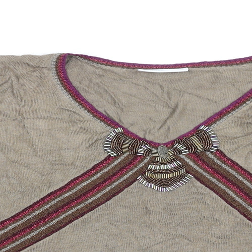 Minosa Womens Brown Geometric Viscose Basic T-Shirt Size L V-Neck