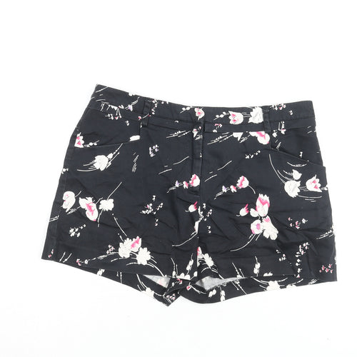 Oasis Womens Black Floral Cotton Hot Pants Shorts Size 10 L3 in Regular Zip