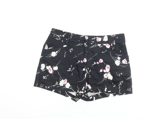 Oasis Womens Black Floral Cotton Hot Pants Shorts Size 10 L3 in Regular Zip