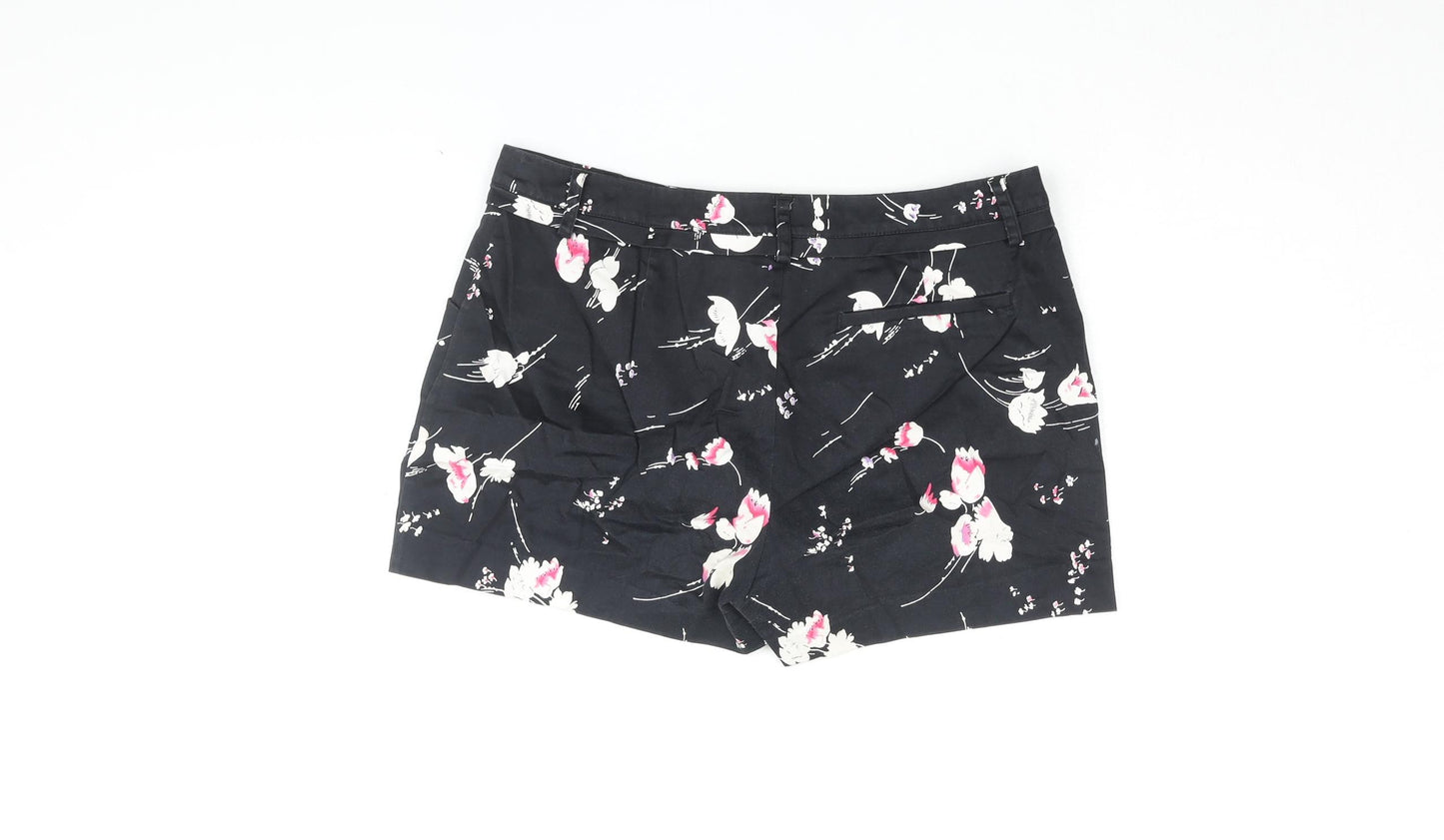 Oasis Womens Black Floral Cotton Hot Pants Shorts Size 10 L3 in Regular Zip