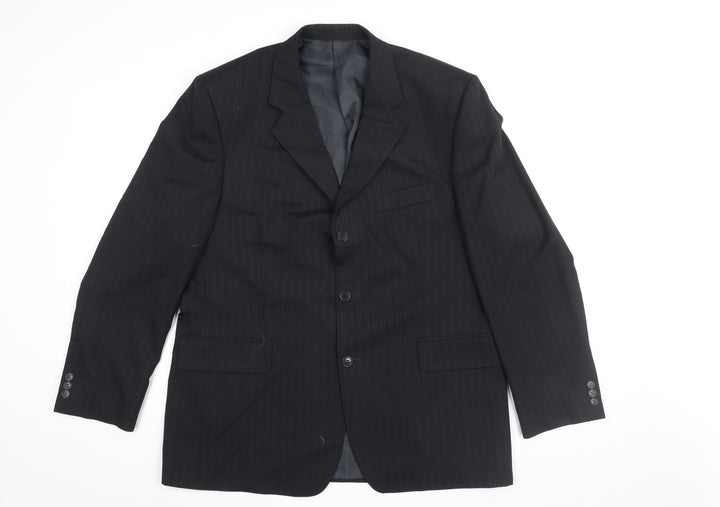 Pinstripe Mens Black Striped Polyester Jacket Suit Jacket Size 44 Regular