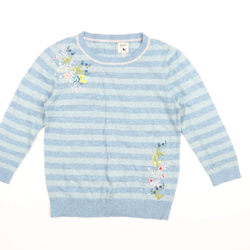 Yumi Womens Blue Round Neck Striped Polyamide Pullover Jumper Size 14 - Floral Embroidery