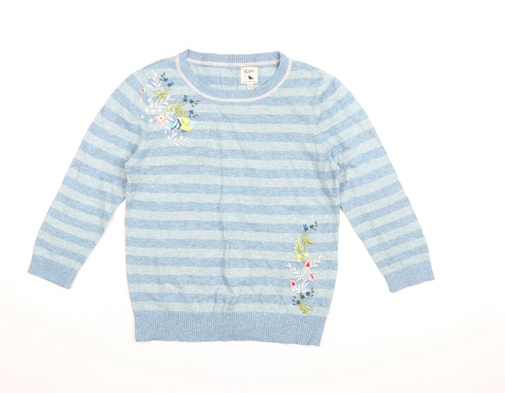 Yumi Womens Blue Round Neck Striped Polyamide Pullover Jumper Size 14 - Floral Embroidery