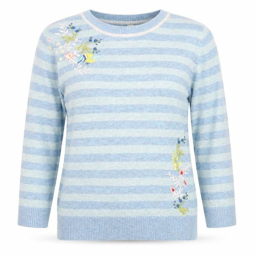 Yumi Womens Blue Round Neck Striped Polyamide Pullover Jumper Size 14 - Floral Embroidery