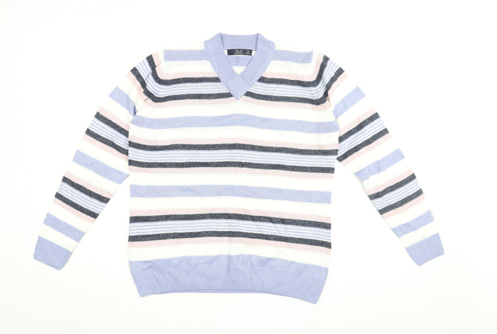 Isle Essentials Womens Purple V-Neck Striped Acrylic Pullover Jumper Size 14 - Size 14-16