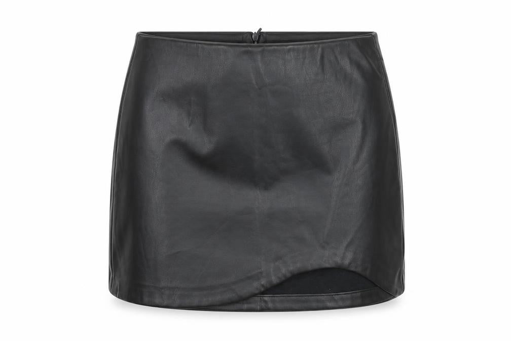 Front view of Stradivarius women’s black polyurethane mini skirt, size UK 8, zip