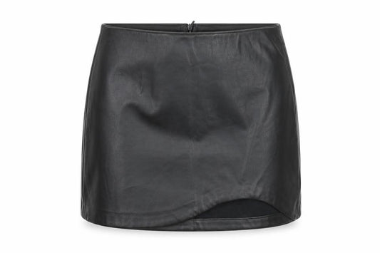 Front view of Stradivarius women’s black polyurethane mini skirt, size UK 8, zip