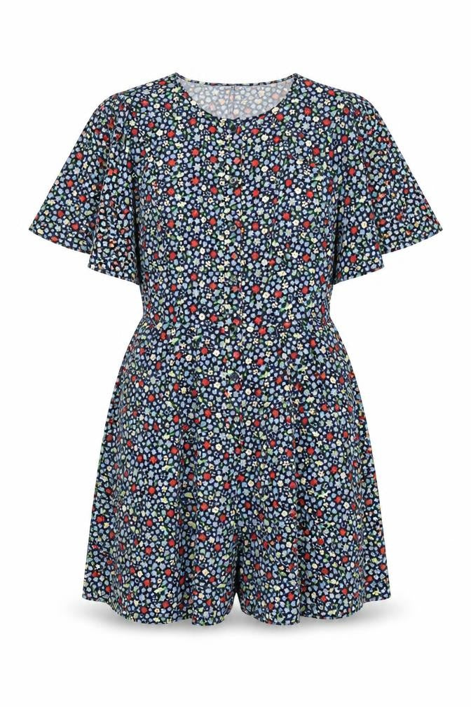 Front view of French Connection women’s black floral polyester playsuit one-piece, size UK 10, 5-inch leg button