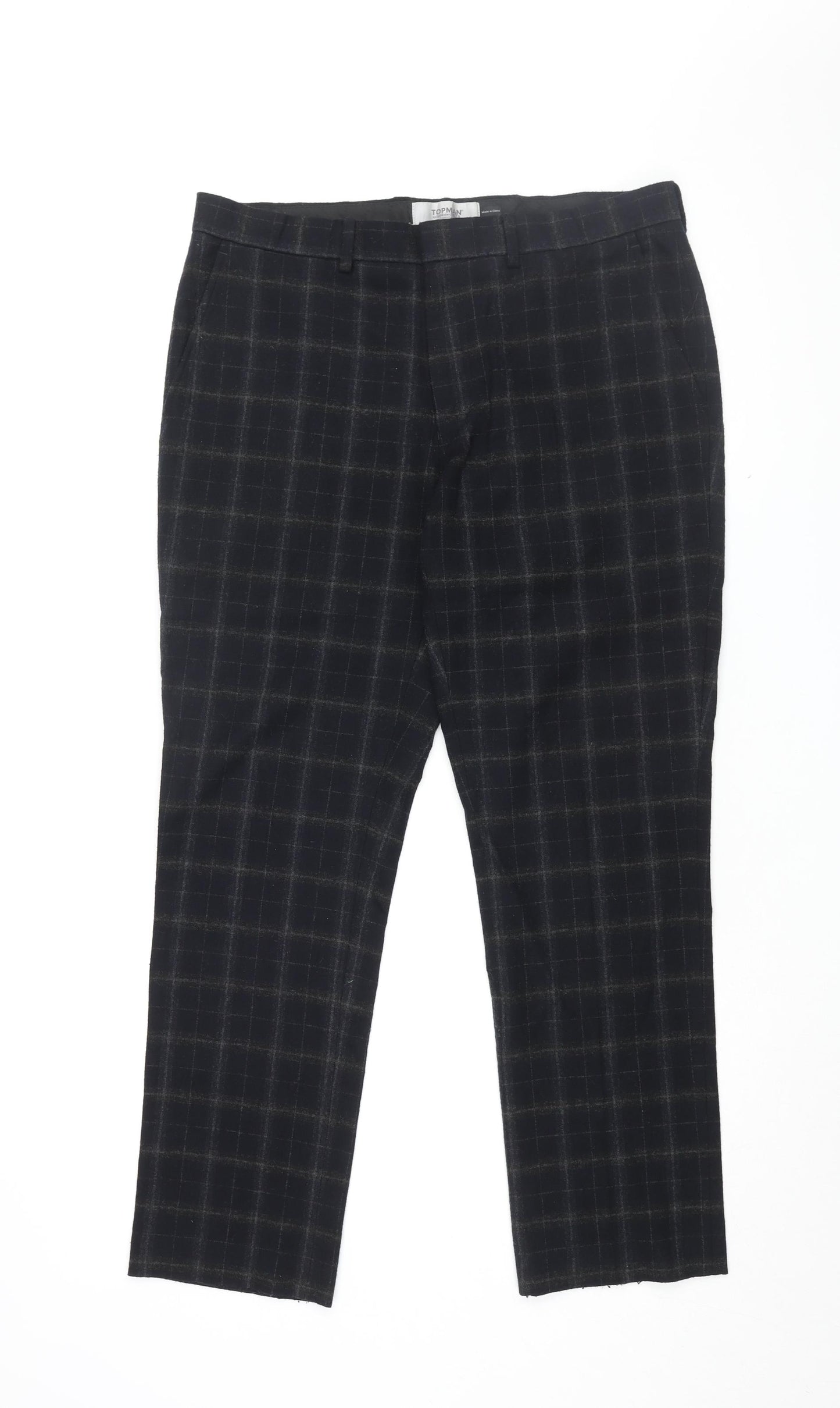 Topman Mens Blue Plaid Wool Trousers Size 34 in L30 in Regular Zip