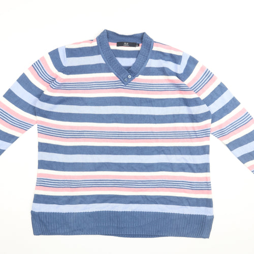 Isle Essentials Womens Blue V-Neck Striped Acrylic Pullover Jumper Size 18 - Size 18-20