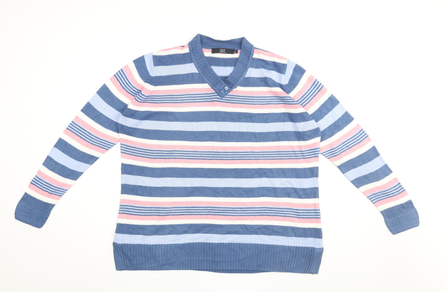 Isle Essentials Womens Blue V-Neck Striped Acrylic Pullover Jumper Size 18 - Size 18-20