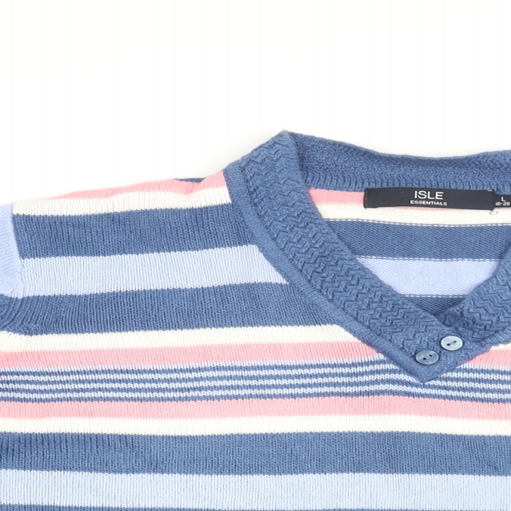Isle Essentials Womens Blue V-Neck Striped Acrylic Pullover Jumper Size 18 - Size 18-20