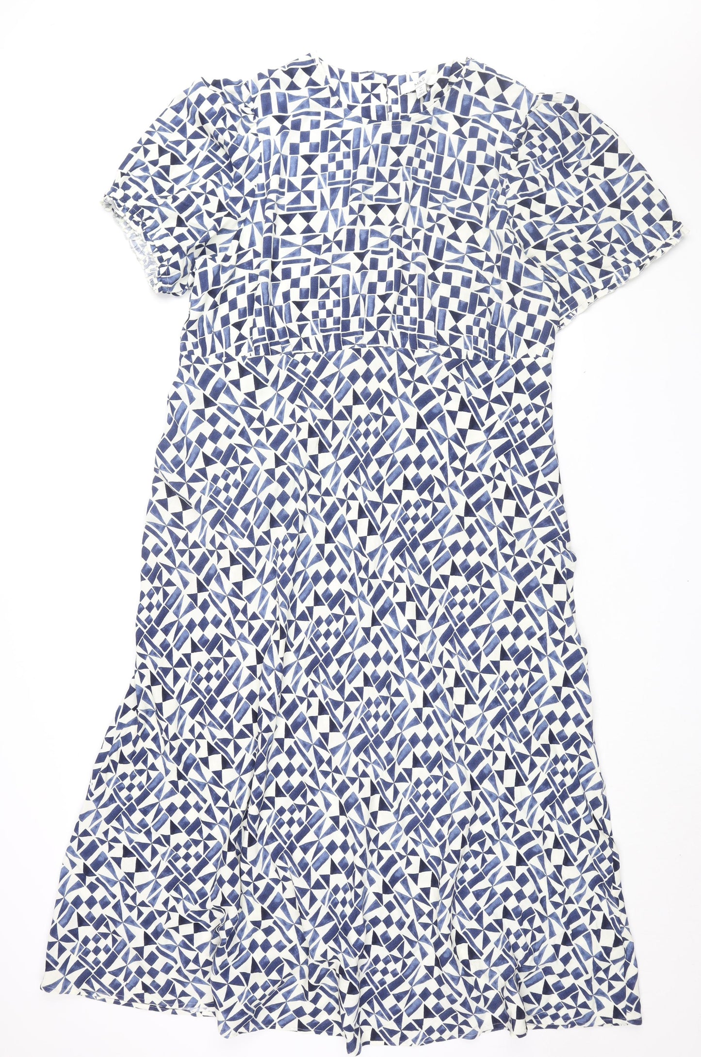 Marks and Spencer Womens White Geometric Viscose A-Line Size 22 Round Neck Zip