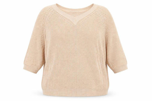 Front view of Next women’s gold v-neck acrylic jumper, size XL