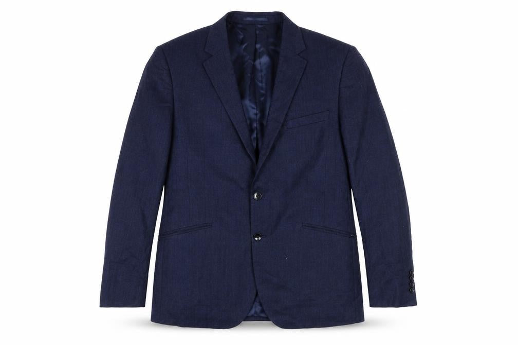 Front view of Moss London Blue Wool Blazer, size 44, Formal, Single-Breasted