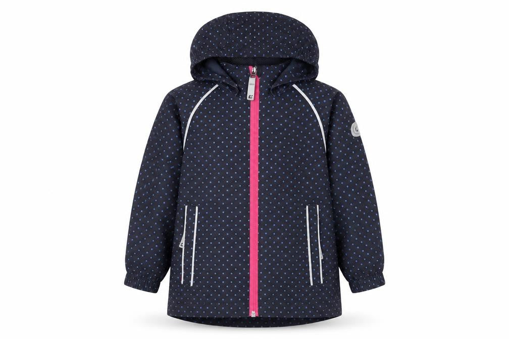 Front view of Killtec Blue Polka Dot girls’ rain coat, 2 years, waterproof