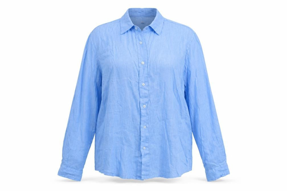 Front view of Pura Lima women’s blue linen basic blouse, size 3XL, collared