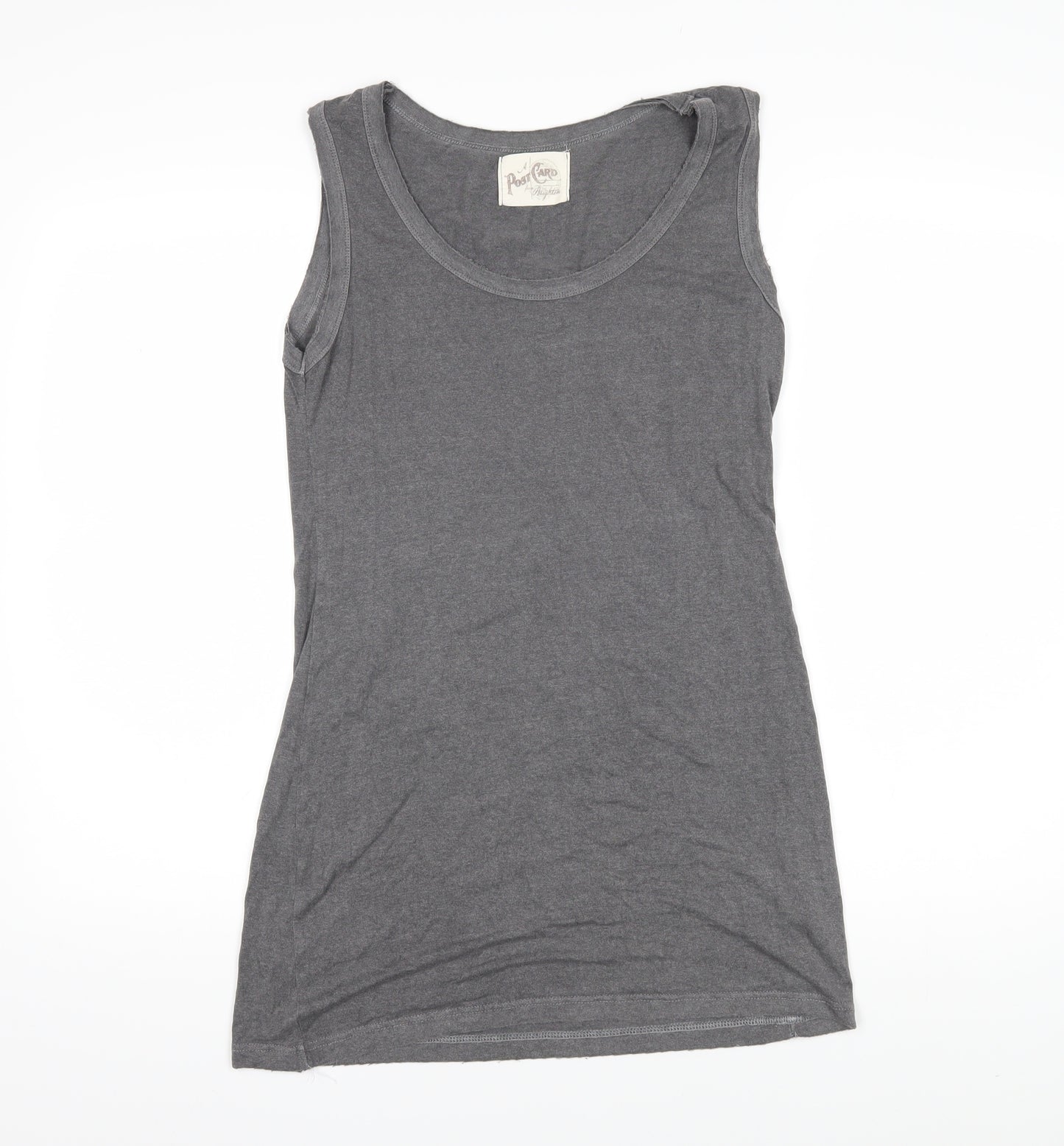 Postcard Womens Grey Viscose Basic T-Shirt Size 2 Scoop Neck - Distressed hems