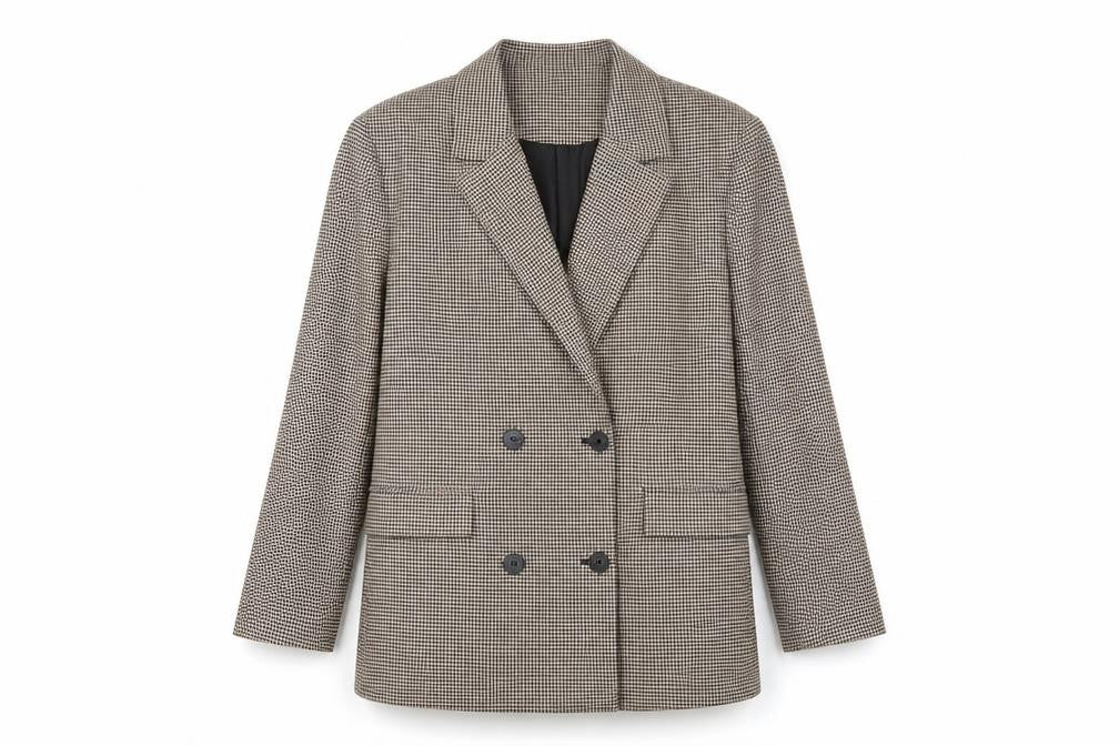 Front view of Bershka women’s brown check jacket blazer, size M, button