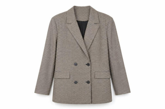 Front view of Bershka women’s brown check jacket blazer, size M, button
