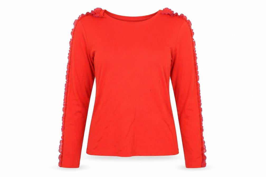 Front view of Great Plains women’s red viscose basic t-shirt, size UK 14, boat neck