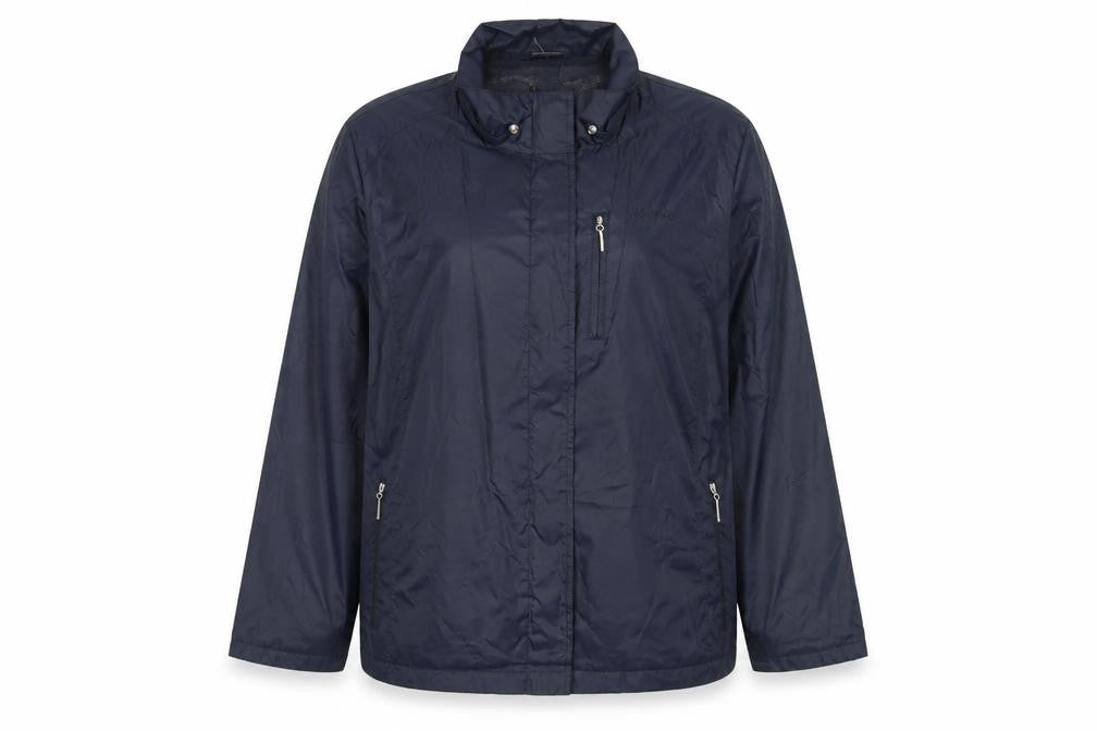 Front view of Maine New England women’s blue rain coat jacket, size UK 20, zip