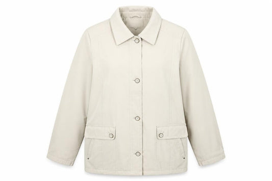 Front view of EWM women’s beige jacket coat, size UK 16, button