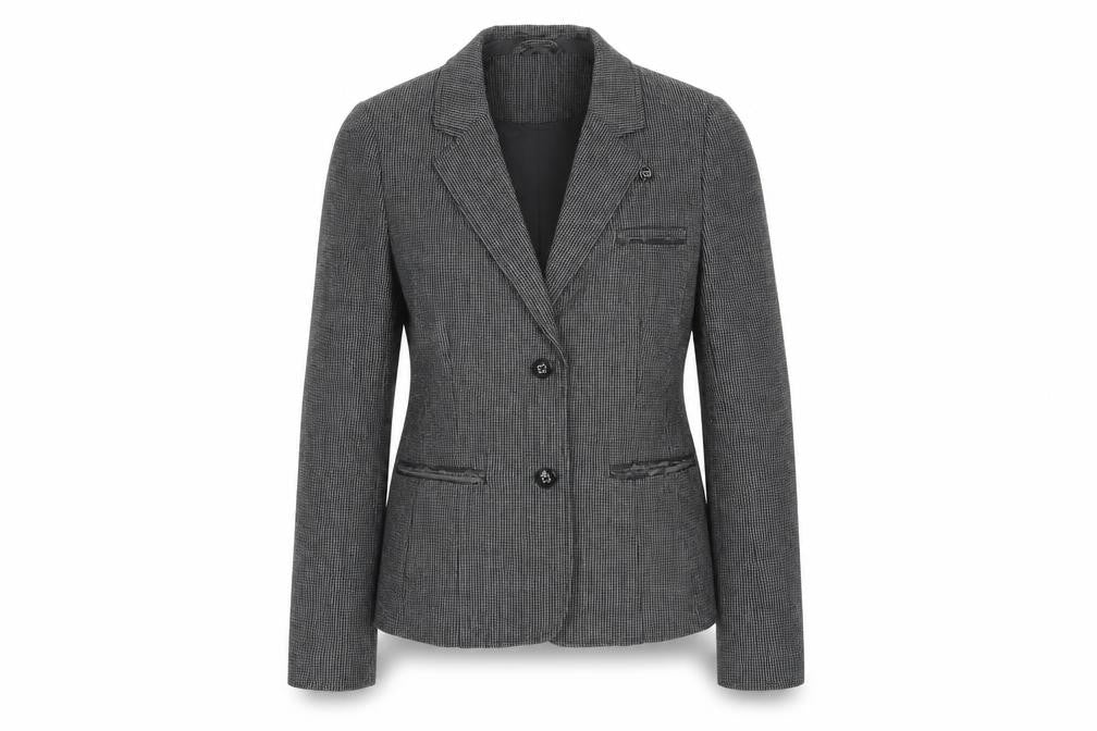 Front view of SOFT GREY women’s grey check jacket blazer, size UK 10, button