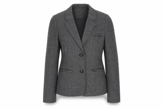 Front view of SOFT GREY women’s grey check jacket blazer, size UK 10, button