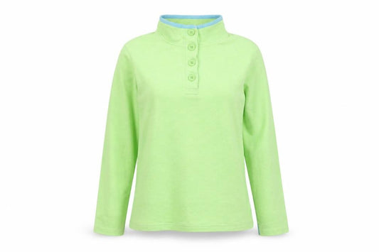 Front view of Dash women’s green cotton pullover sweatshirt, size UK 12, button