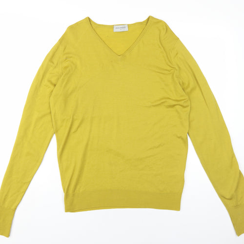 John Smedley Mens Yellow V-Neck Wool Pullover Jumper Size M Long Sleeve