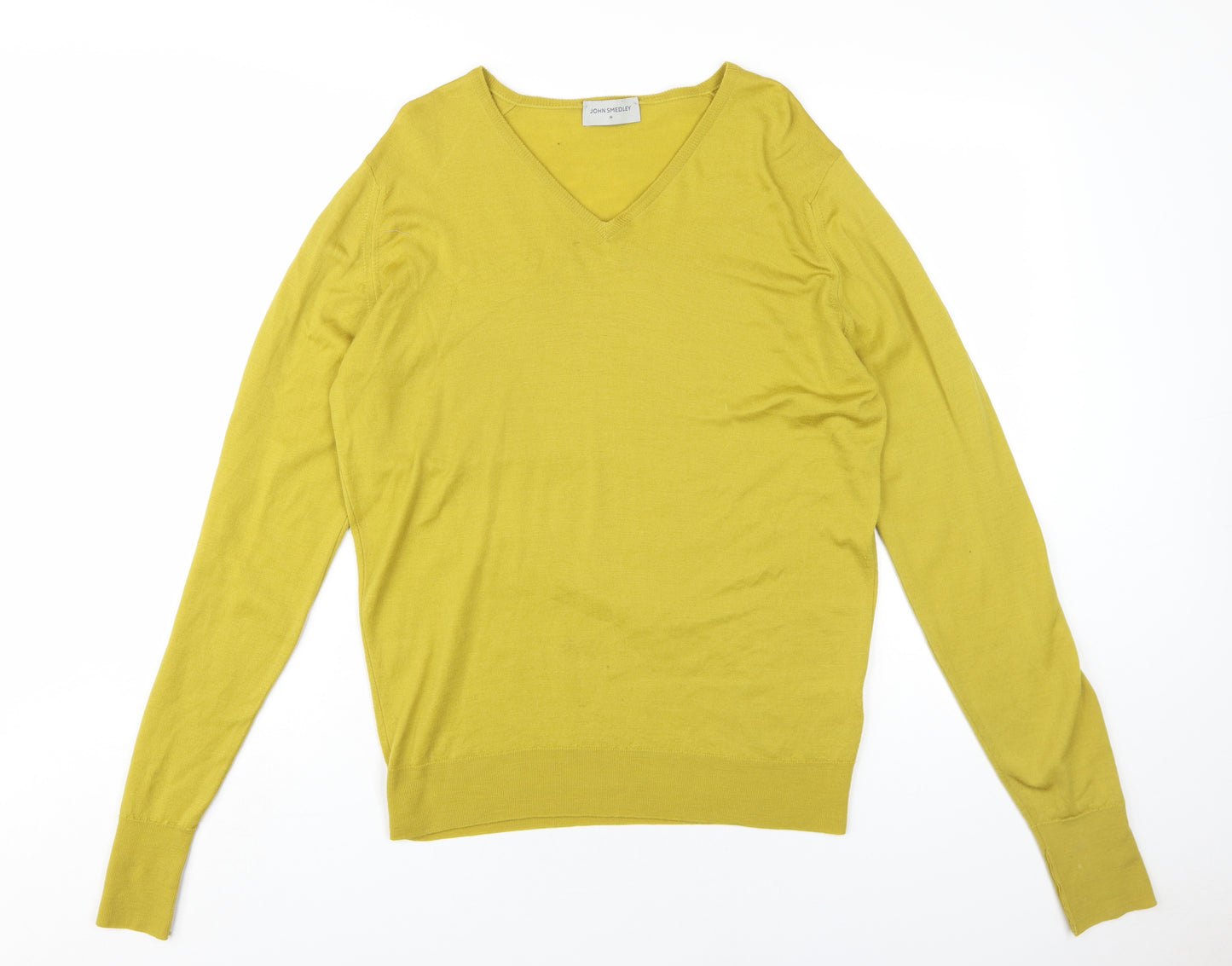 John Smedley Mens Yellow V-Neck Wool Pullover Jumper Size M Long Sleeve