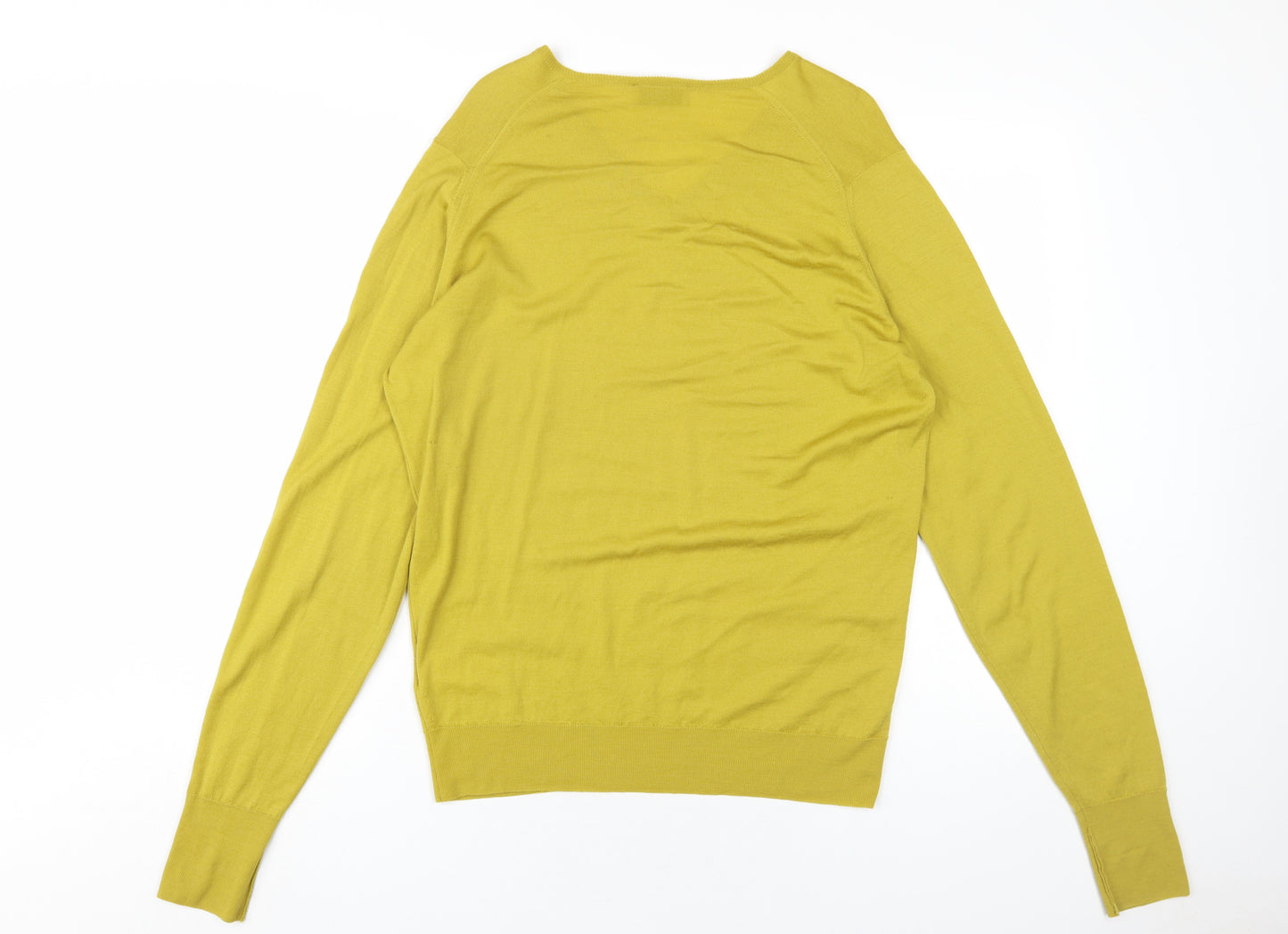 John Smedley Mens Yellow V-Neck Wool Pullover Jumper Size M Long Sleeve