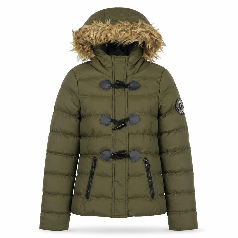 Front view of Brave Soul women’s green puffer jacket coat, size UK 4, zip