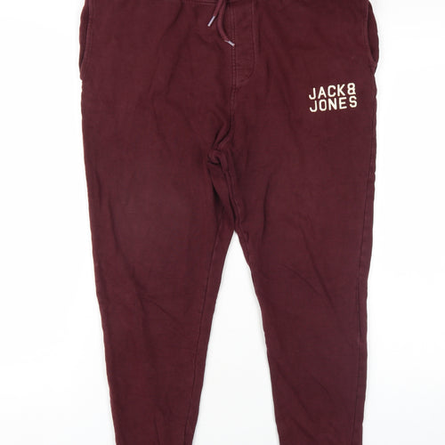 JACK & JONES Mens Red Cotton Jogger Trousers Size M L27 in Regular Drawstring