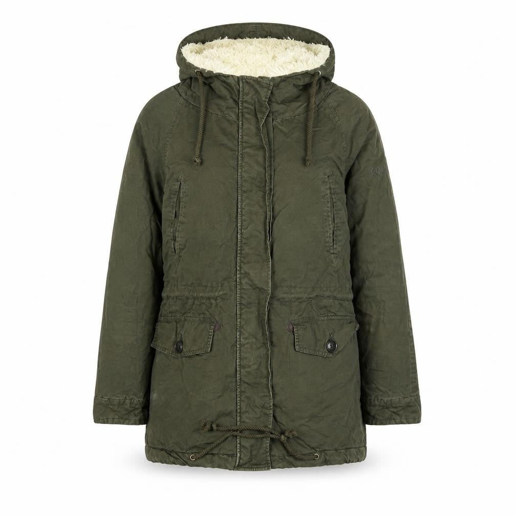Front view of Lee Cooper women’s green parka coat, size UK 8, zip