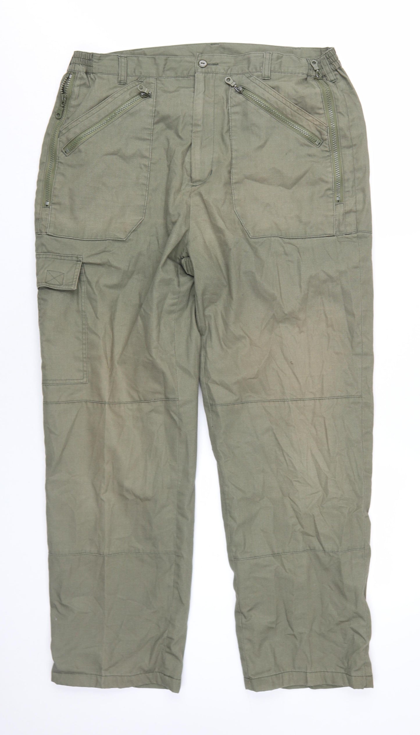 Clifford James Mens Green Cotton Trousers Size 36 in L30 in Regular Zip