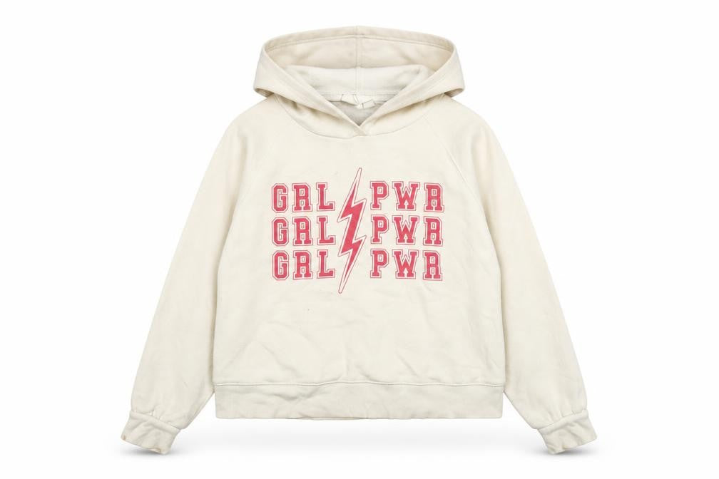 Front view of Gap girls’ ivory cotton pullover hoodie, size 10-11, years pullover