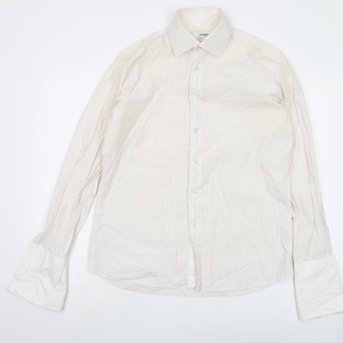 Ungaro Mens Ivory Striped Cotton Button-Up Size 16 Collared Button