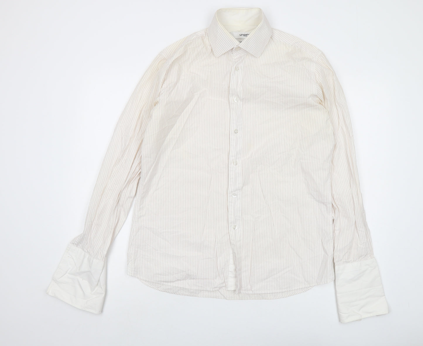 Ungaro Mens Ivory Striped Cotton Button-Up Size 16 Collared Button